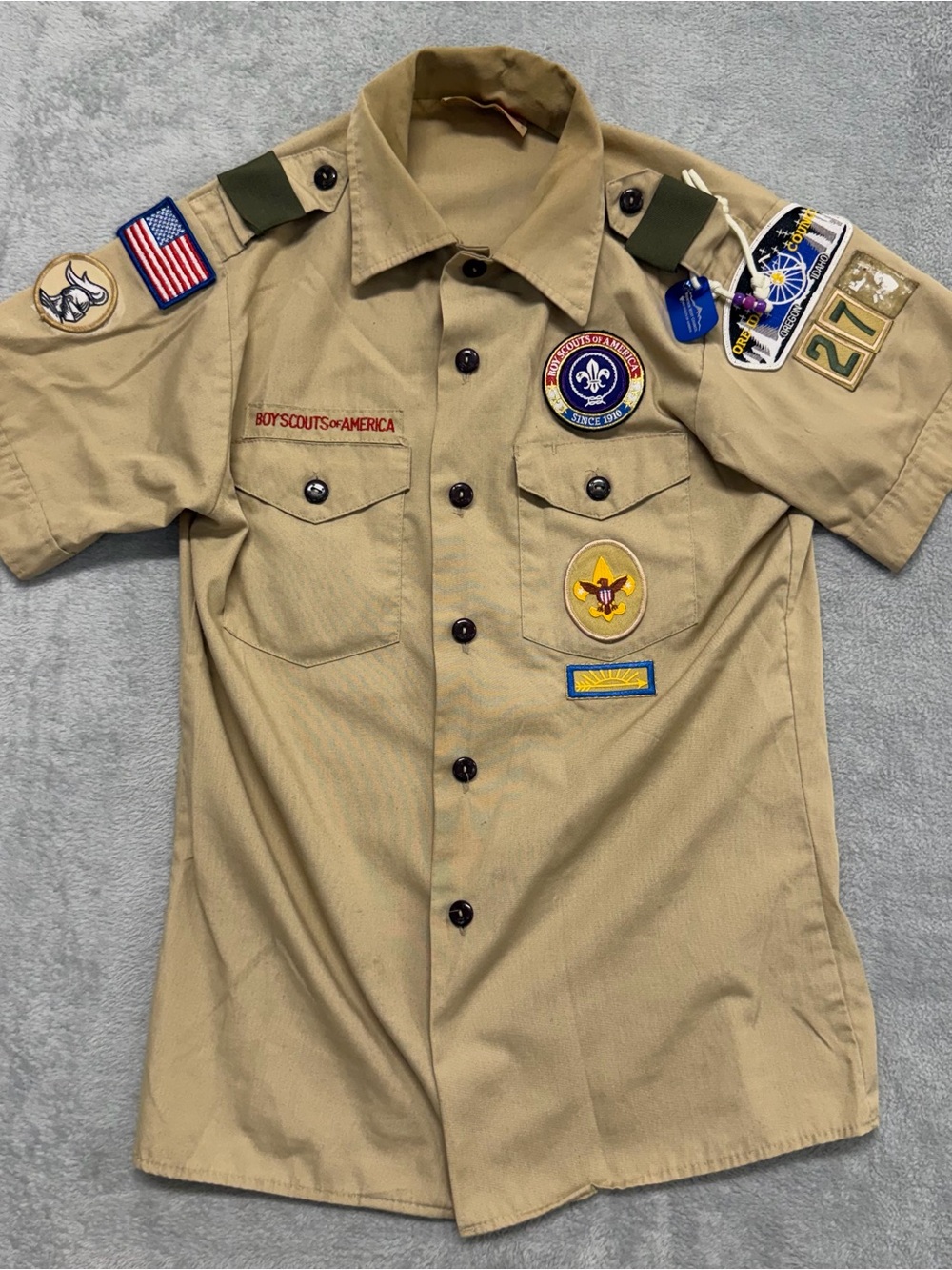 Vintage Boy Scouts Of America Youth Large Official Shirt Tan Khaki Patches USA